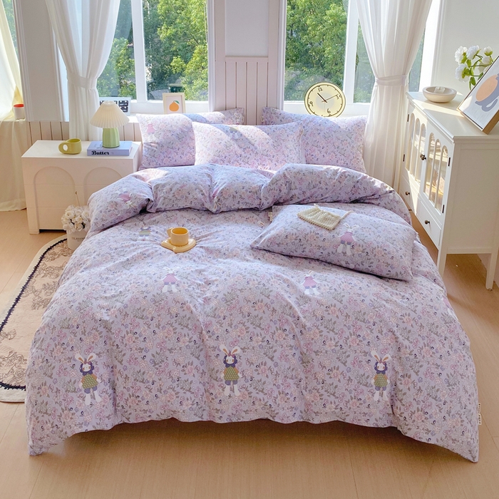 91家纺网 家纺一手货源 找家纺 春皖家纺 2025新款原棉磨毛四件套-风格一 萌萌兔