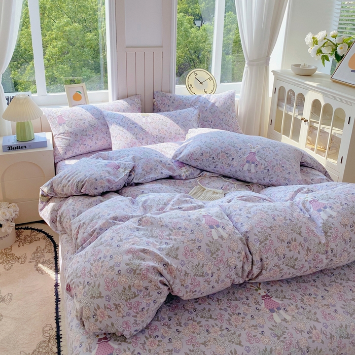 91家纺网 家纺一手货源 找家纺 春皖家纺 2025新款原棉磨毛四件套-风格一 萌萌兔