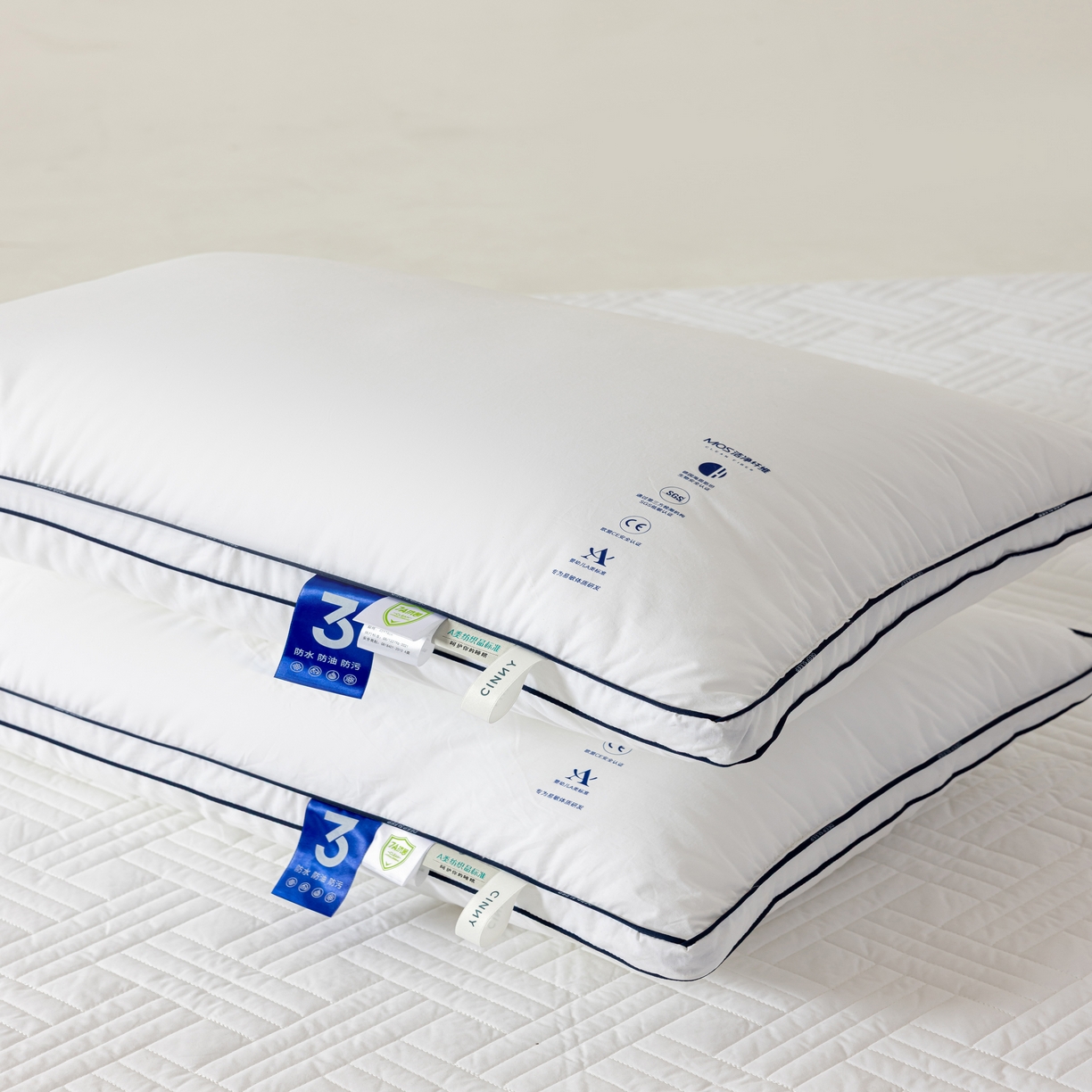 91家纺网 家纺一手货源 找家纺 （总）CINNY馨宜 MOS低致敏三防全棉抗菌防螨枕芯（军工级防水透湿面料）枕头