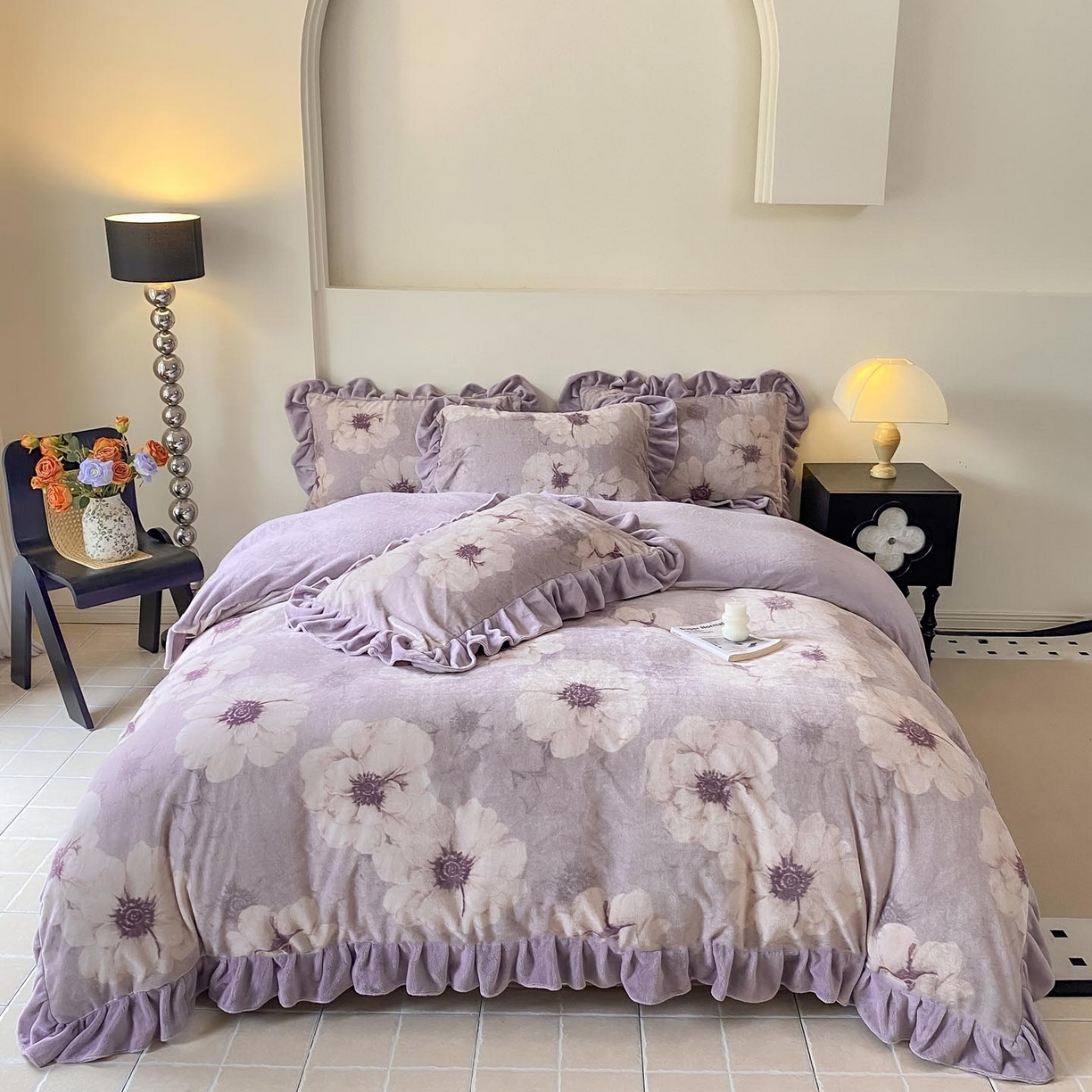 锦彩家居 2025新款高克重牛奶绒花边款四件套-花屿愿 虞美人 紫