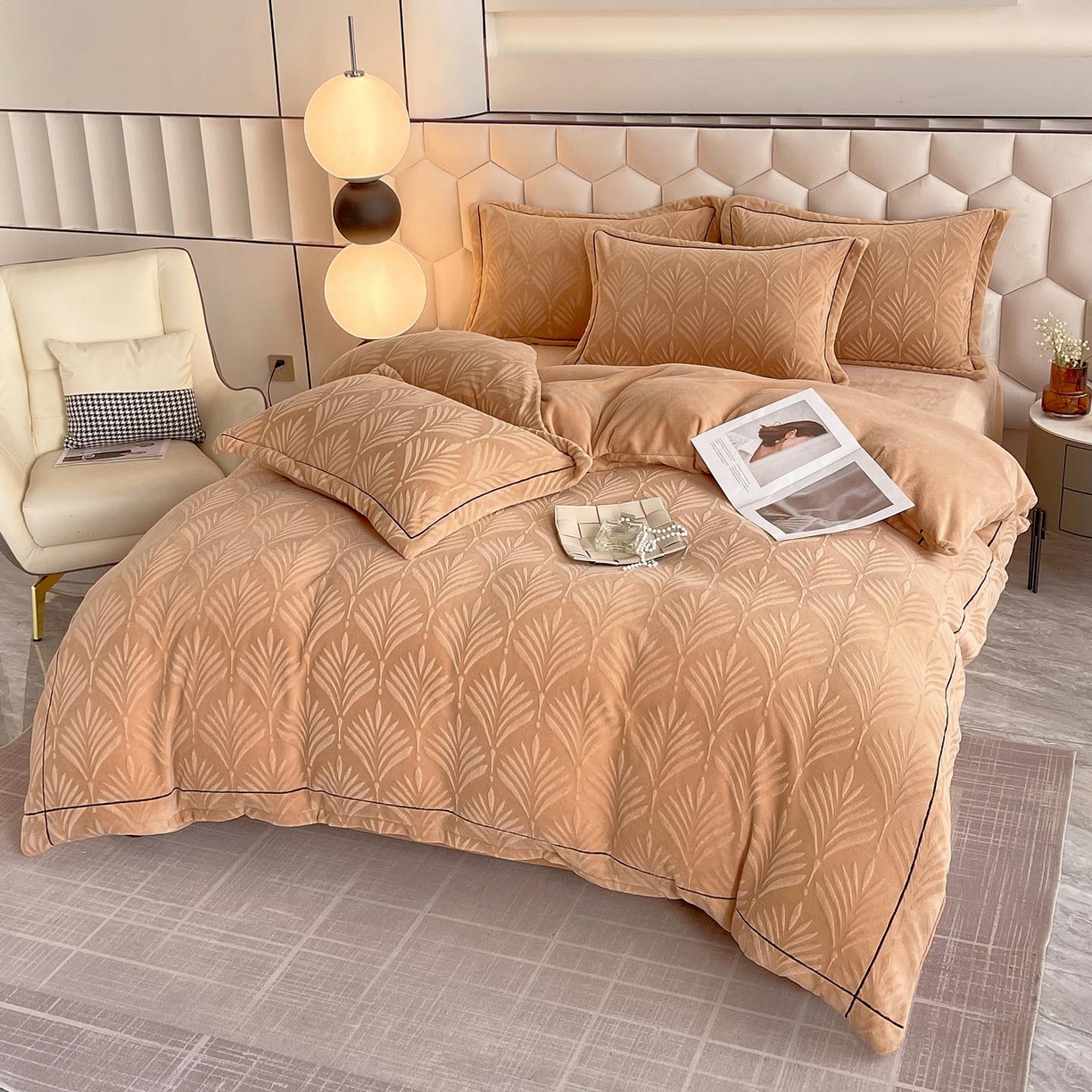 91家纺网 家纺一手货源 找家纺 （总）锦彩家居 2025新款高克重轻奢款牛奶绒雕花四件套-秘境