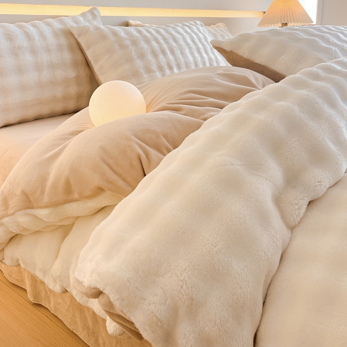 91家纺网 家纺一手货源 找家纺 绘萱家居 2025新款仿兔绒牛奶绒四件套兔毛兔兔绒-渐变彩泡泡 纯泡泡白+暖卡其