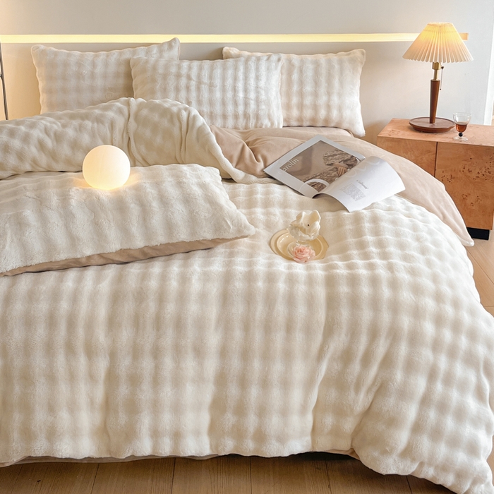 91家纺网 家纺一手货源 找家纺 绘萱家居 2025新款仿兔绒牛奶绒四件套兔毛兔兔绒-渐变彩泡泡 纯泡泡白+暖卡其