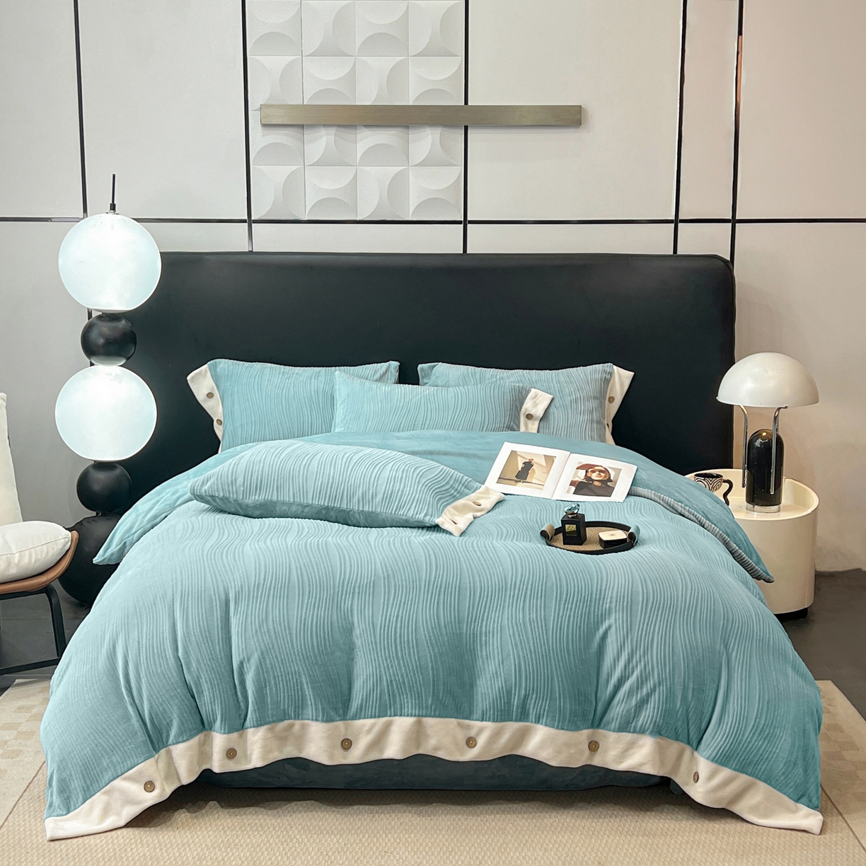 锦彩家居 2025新款亲肤舒适高克重牛奶绒纽扣款四件套-简爱 纽扣款-海茵蓝