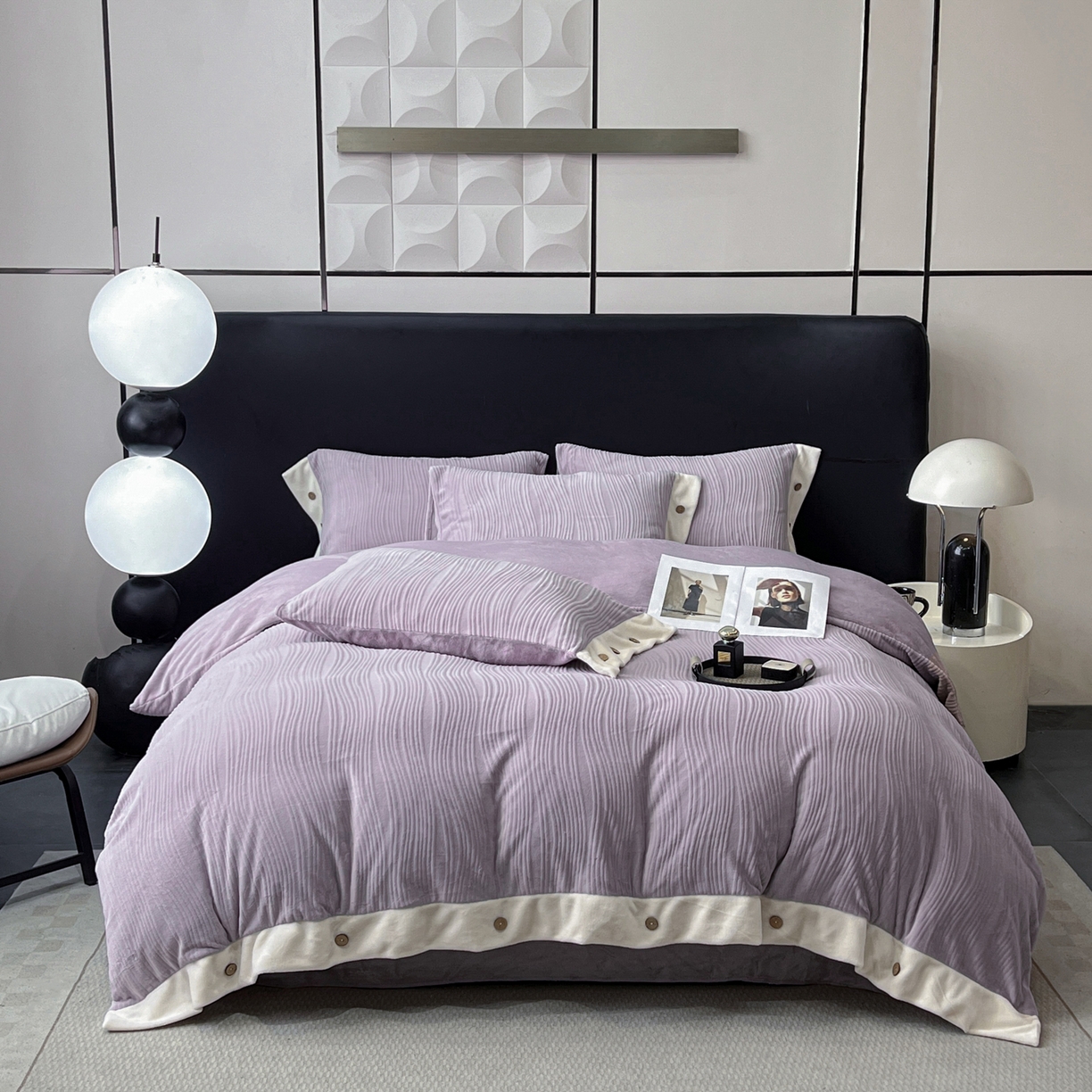 锦彩家居 2025新款亲肤舒适高克重牛奶绒纽扣款四件套-简爱 纽扣款-罗兰紫