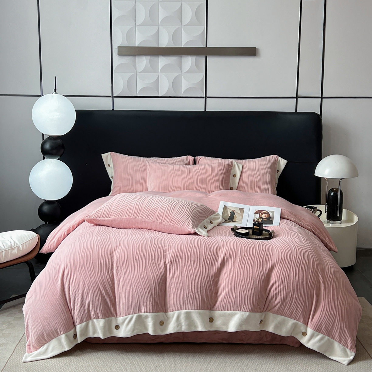 锦彩家居 2025新款亲肤舒适高克重牛奶绒纽扣款四件套-简爱 纽扣款-玫瑰粉