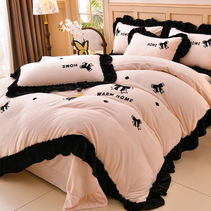 梦之星 2025新款9斤毛巾绣韩式花边牛奶绒四件套 蝴蝶结-淡粉