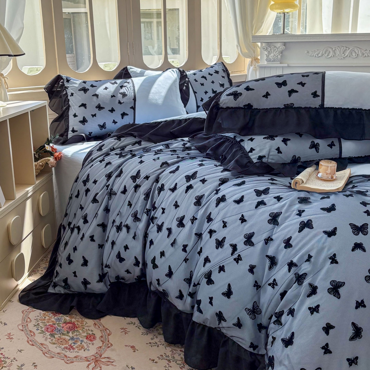 （总）韩秀家纺 2025法式超柔水洗棉蕾丝花边床裙四件套工艺款床罩床笠款皱皱纱云朵棉四件套-蝴蝶梦境