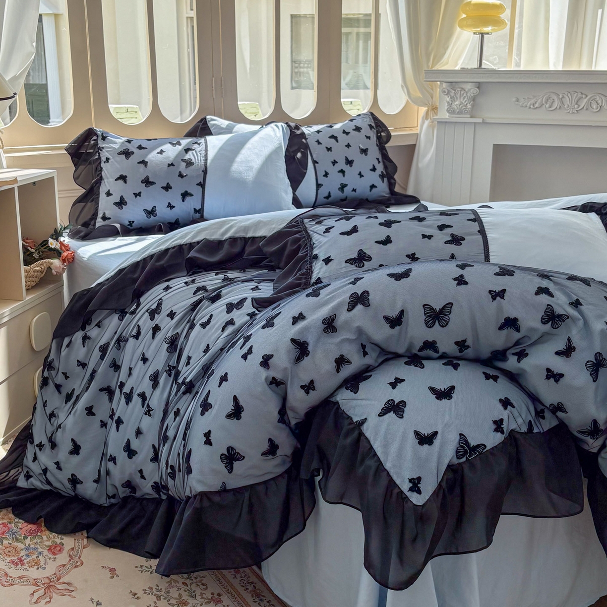 91家纺网 家纺一手货源 找家纺 （总）韩秀家纺 2025法式超柔水洗棉蕾丝花边床裙四件套工艺款床罩床笠款皱皱纱云朵棉四件套-蝴蝶梦境