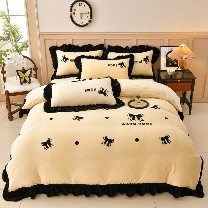 91家纺网 家纺一手货源 找家纺 梦之星 2025新款9斤毛巾绣韩式花边牛奶绒四件套 蝴蝶结-淡黄