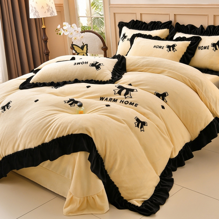 91家纺网 家纺一手货源 找家纺 梦之星 2025新款9斤毛巾绣韩式花边牛奶绒四件套 蝴蝶结-淡黄,蝴蝶结-淡黄