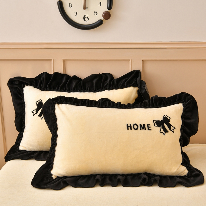 91家纺网 家纺一手货源 找家纺 梦之星 2025新款9斤毛巾绣韩式花边牛奶绒四件套 蝴蝶结-淡黄