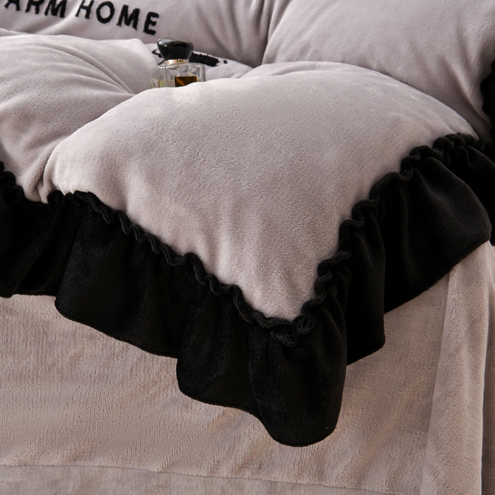 91家纺网 家纺一手货源 找家纺 梦之星 2025新款9斤毛巾绣韩式花边牛奶绒四件套 蝴蝶结-灰