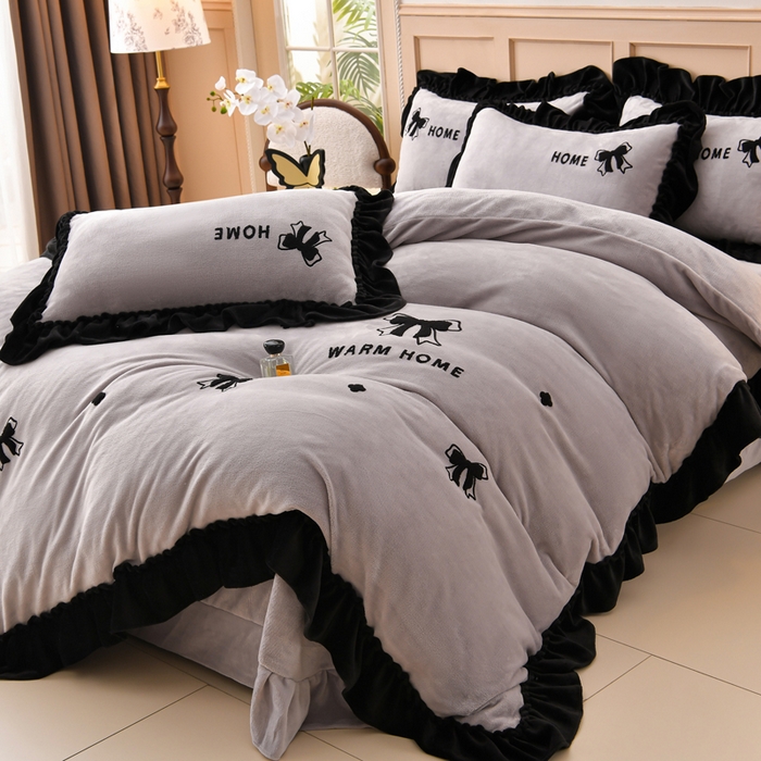 梦之星 2025新款9斤毛巾绣韩式花边牛奶绒四件套 蝴蝶结-灰