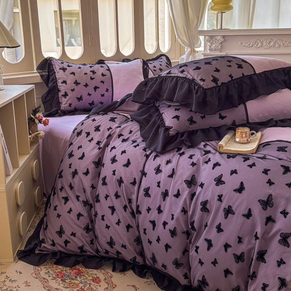 韩秀家纺 2025法式超柔水洗棉蕾丝花边床裙四件套工艺款床罩床笠款皱皱纱云朵棉四件套-蝴蝶梦境 蝴蝶梦境-紫色