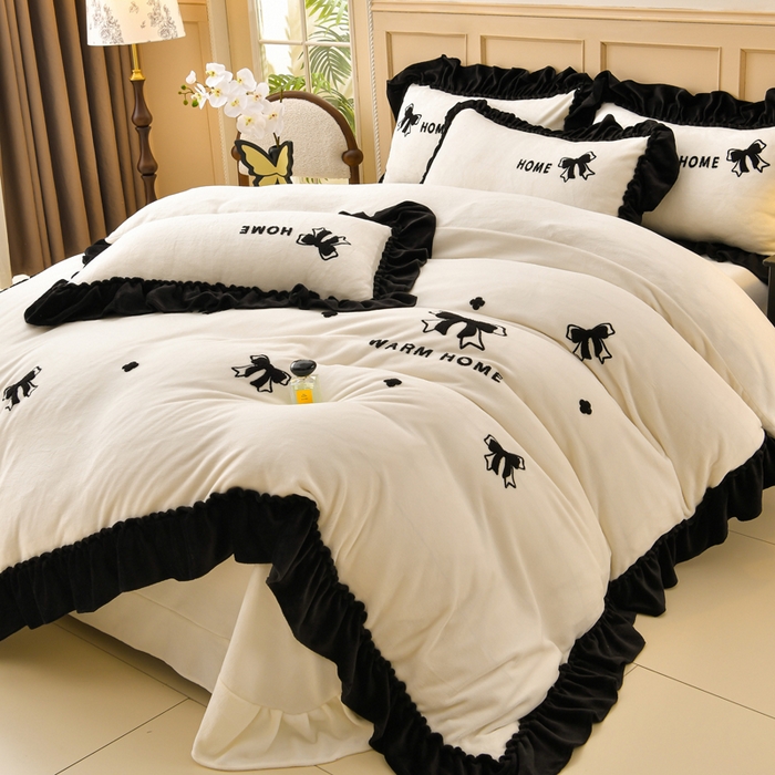 梦之星 2025新款9斤毛巾绣韩式花边牛奶绒四件套 蝴蝶结-米白