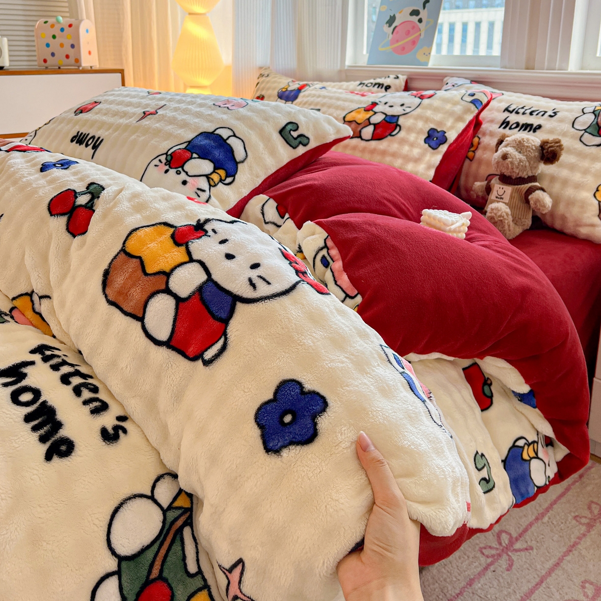 91家纺网 家纺一手货源 找家纺 仟网汇 2025新款泡泡绒牛奶绒四件套 杰瑞猫咪