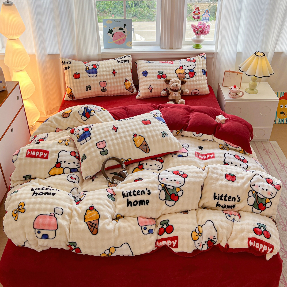 91家纺网 家纺一手货源 找家纺 仟网汇 2025新款泡泡绒牛奶绒四件套 杰瑞猫咪