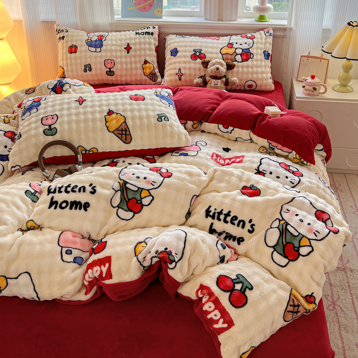 91家纺网 家纺一手货源 找家纺 仟网汇 2025新款泡泡绒牛奶绒四件套 杰瑞猫咪