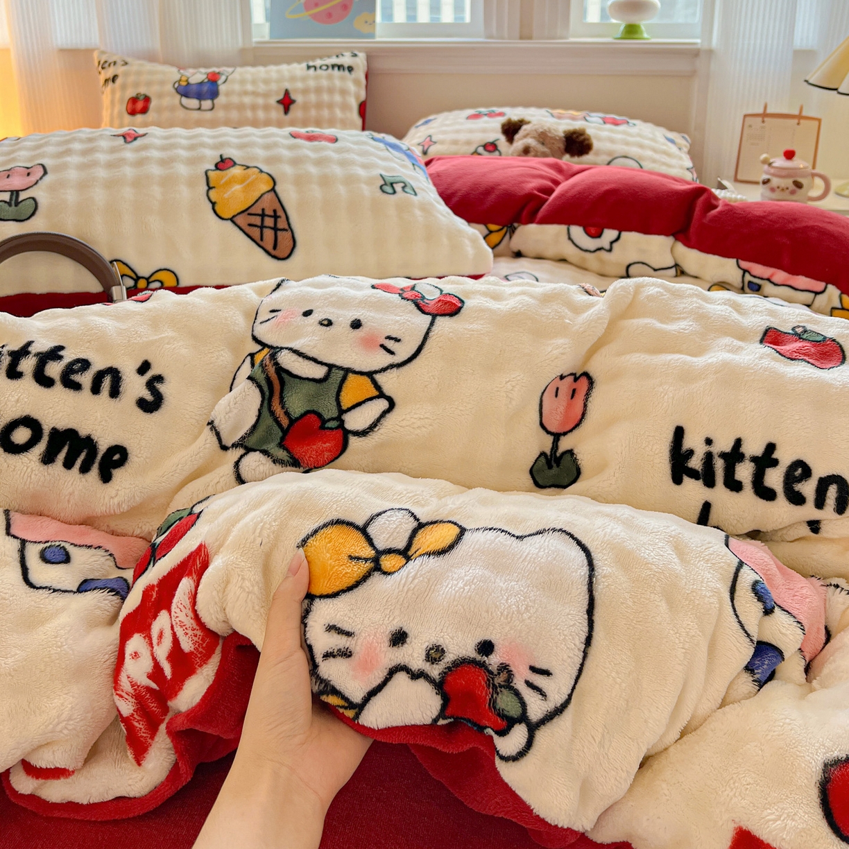 91家纺网 家纺一手货源 找家纺 仟网汇 2025新款泡泡绒牛奶绒四件套 杰瑞猫咪