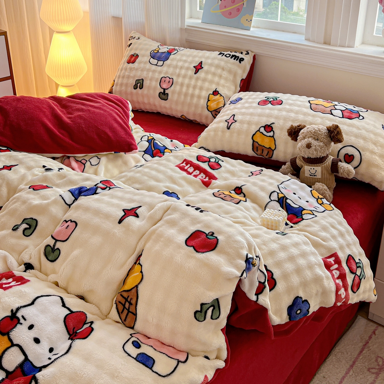 91家纺网 家纺一手货源 找家纺 仟网汇 2025新款泡泡绒牛奶绒四件套 杰瑞猫咪