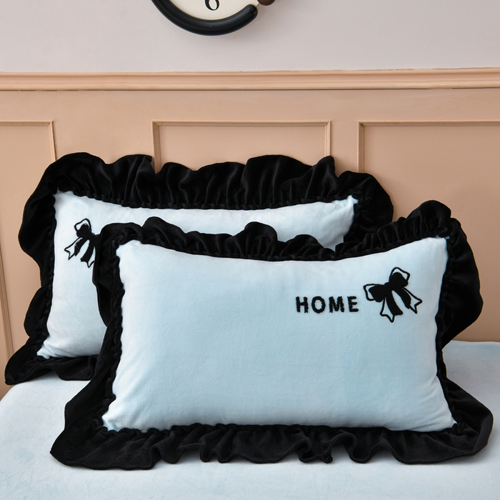 91家纺网 家纺一手货源 找家纺 梦之星 2025新款9斤毛巾绣韩式花边牛奶绒四件套 蝴蝶结-天空蓝