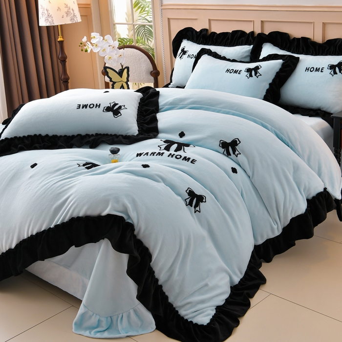 梦之星 2025新款9斤毛巾绣韩式花边牛奶绒四件套 蝴蝶结-天空蓝