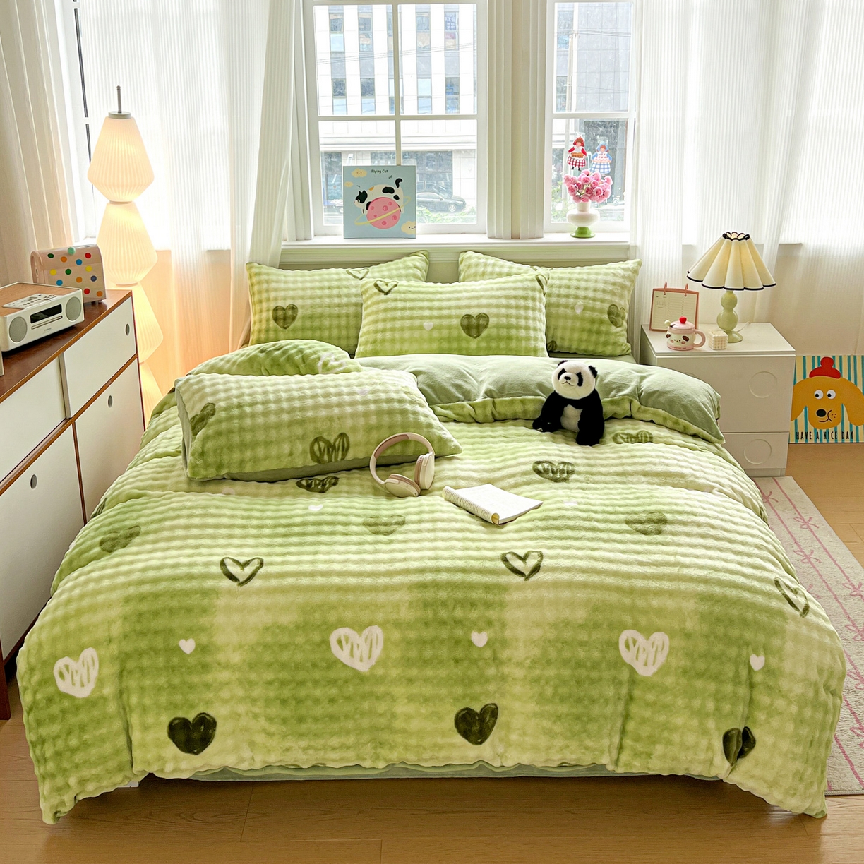 仟网汇 2025新款泡泡绒牛奶绒四件套 绿爱心
