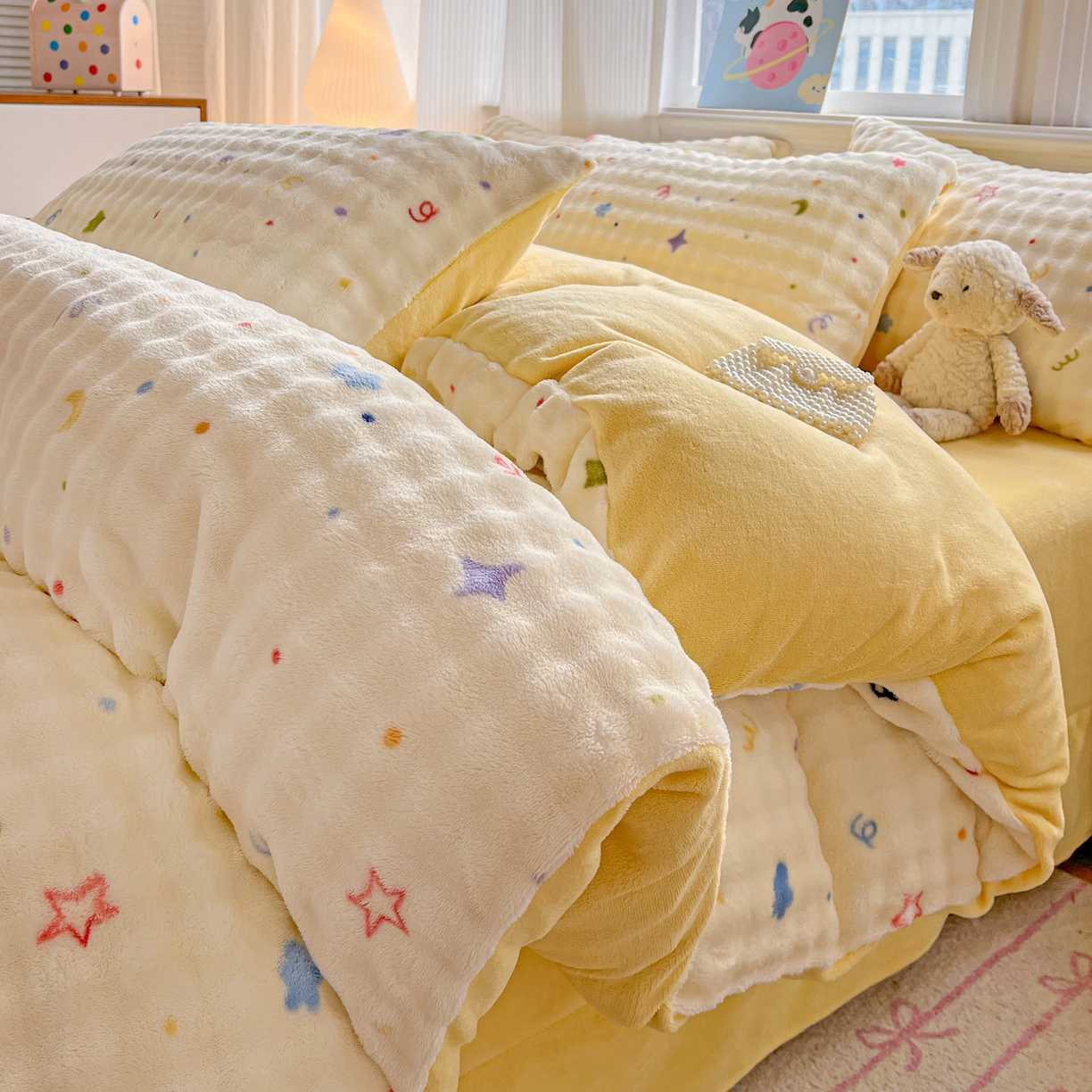 91家纺网 家纺一手货源 找家纺 仟网汇 2025新款泡泡绒牛奶绒四件套 奶油起司