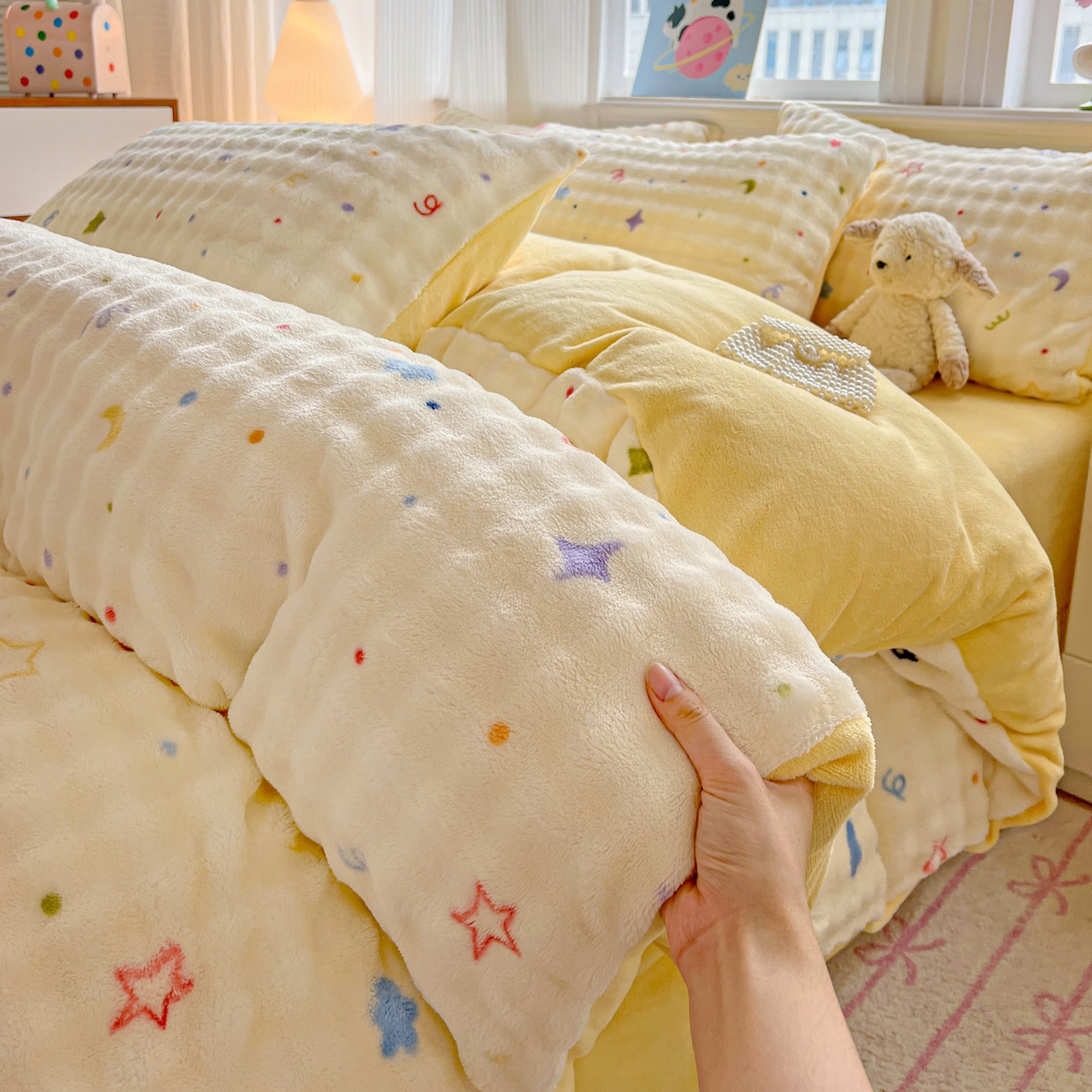 91家纺网 家纺一手货源 找家纺 仟网汇 2025新款泡泡绒牛奶绒四件套 奶油起司