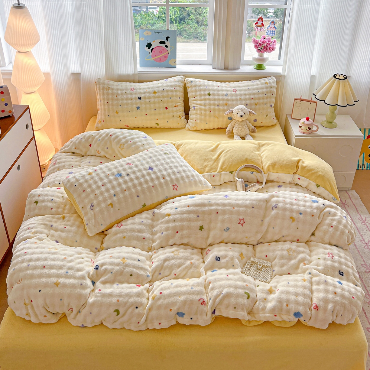 91家纺网 家纺一手货源 找家纺 仟网汇 2025新款泡泡绒牛奶绒四件套 奶油起司