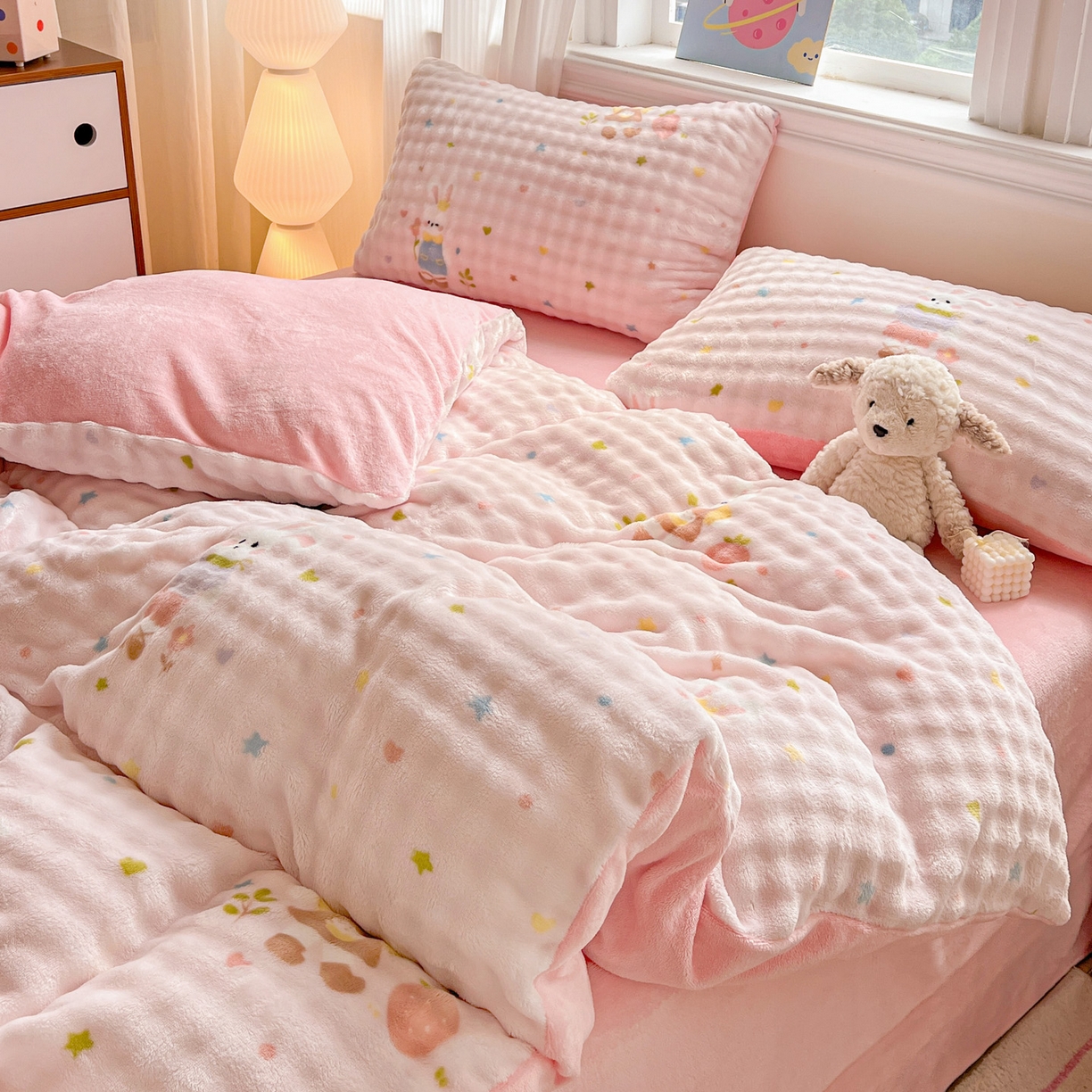 91家纺网 家纺一手货源 找家纺 仟网汇 2025新款泡泡绒牛奶绒四件套 甜心小兔