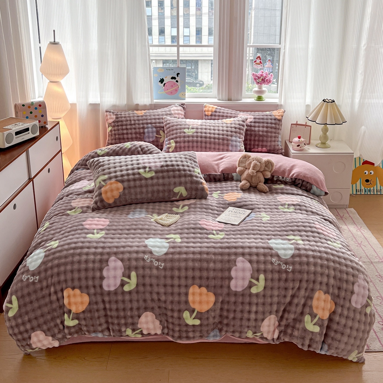 仟网汇 2025新款泡泡绒牛奶绒四件套 郁金香