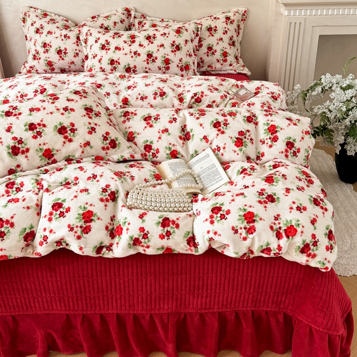 91家纺网 家纺一手货源 找家纺 小叮当家纺仓储工厂店 买家秀 爆款花型2025秋冬新款高克重全消光牛奶绒印花大红喜庆保暖四件套直播 梨花落