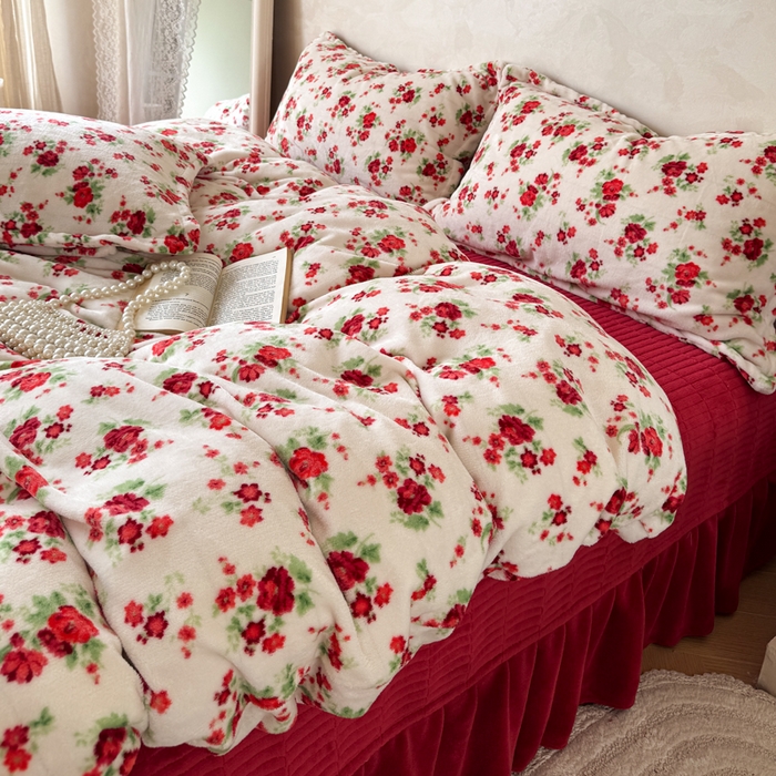 91家纺网 家纺一手货源 找家纺 小叮当家纺仓储工厂店 买家秀 爆款花型2025秋冬新款高克重全消光牛奶绒印花大红喜庆保暖四件套直播 梨花落