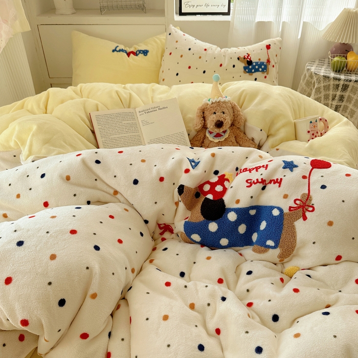 91家纺网 家纺一手货源 找家纺 小叮当家纺仓储工厂店 买家秀 爆款花型2025新款秋冬保暖牛奶绒卡通小清新毛巾绣系列四件套 波点腊肠狗-黄