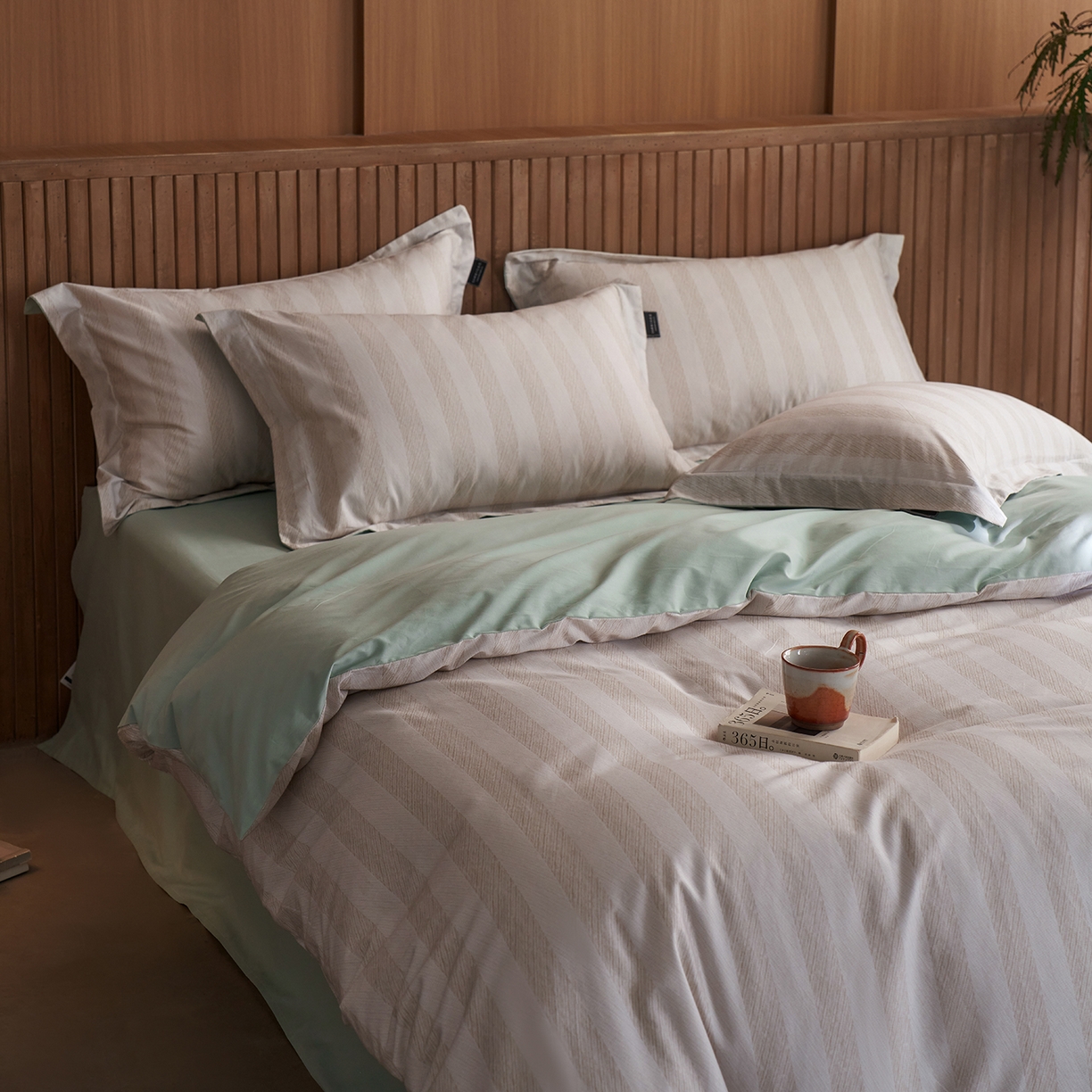 三味舒屋 2025新款50支全棉印花条纹磨毛四件套-布衣系列 券后（包含优惠券后）不低于289/309元 布衣灰绿