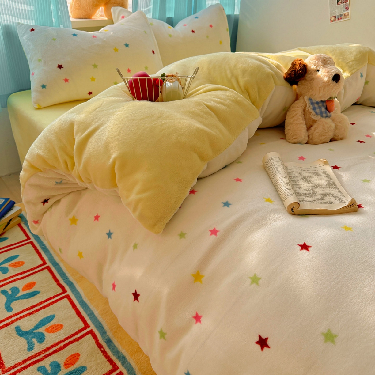 91家纺网 家纺一手货源 找家纺 小叮当家纺仓储工厂店 买家秀 爆款花型2025新款小清新180克跑量款牛奶绒单被套 被套单件 彩色星星