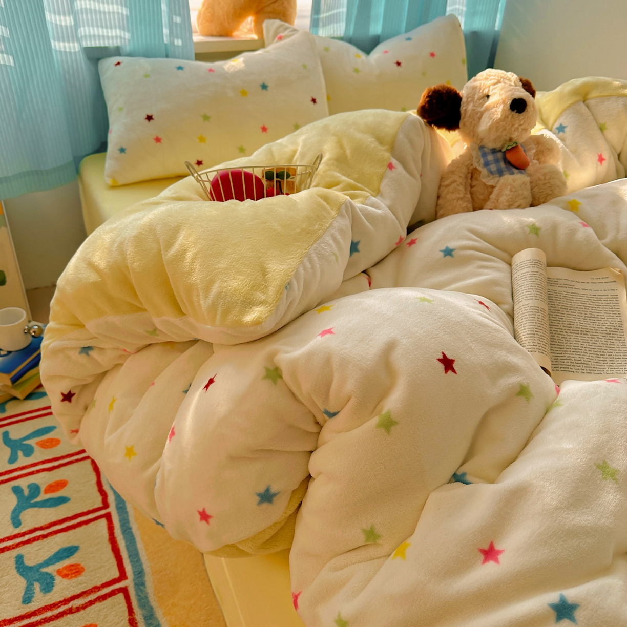 91家纺网 家纺一手货源 找家纺 小叮当家纺仓储工厂店 买家秀 爆款花型2025新款小清新180克跑量款牛奶绒单被套 被套单件 彩色星星