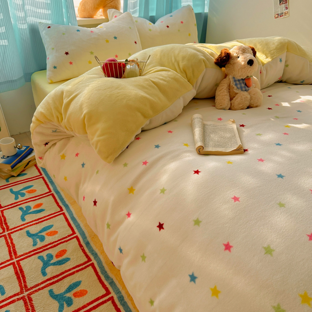 91家纺网 家纺一手货源 找家纺 小叮当家纺仓储工厂店 买家秀 爆款花型2025新款小清新180克跑量款牛奶绒单被套 被套单件 彩色星星