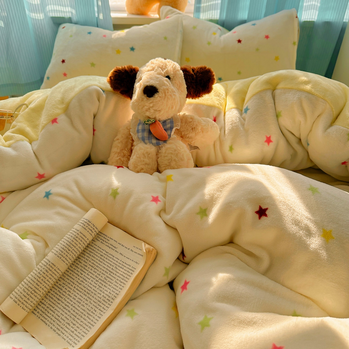 91家纺网 家纺一手货源 找家纺 小叮当家纺仓储工厂店 买家秀 爆款花型2025新款小清新180克跑量款牛奶绒单被套 被套单件 彩色星星