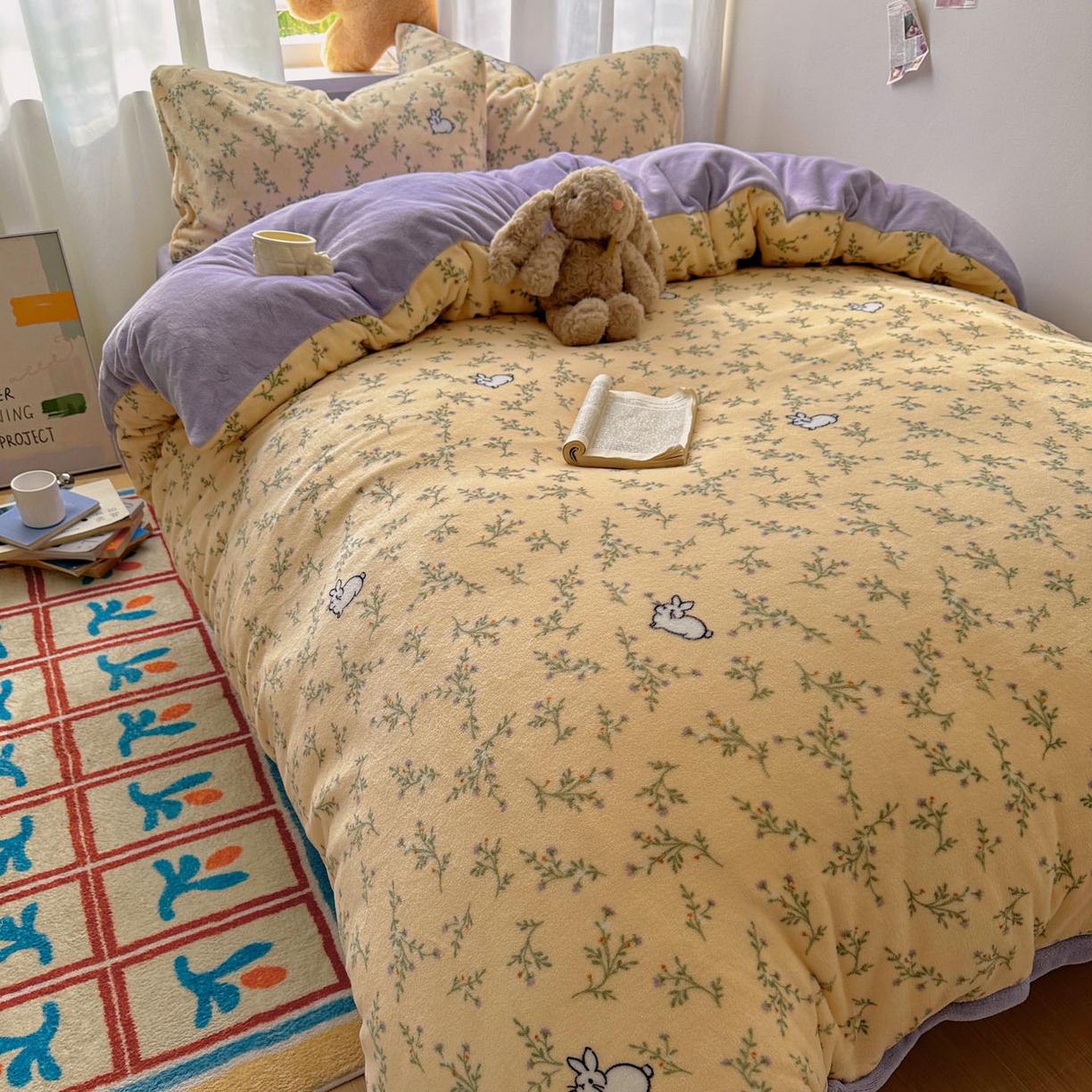 91家纺网 家纺一手货源 找家纺 小叮当家纺仓储工厂店 买家秀 爆款花型2025新款小清新180克跑量款牛奶绒单被套 被套单件 花枝小兔