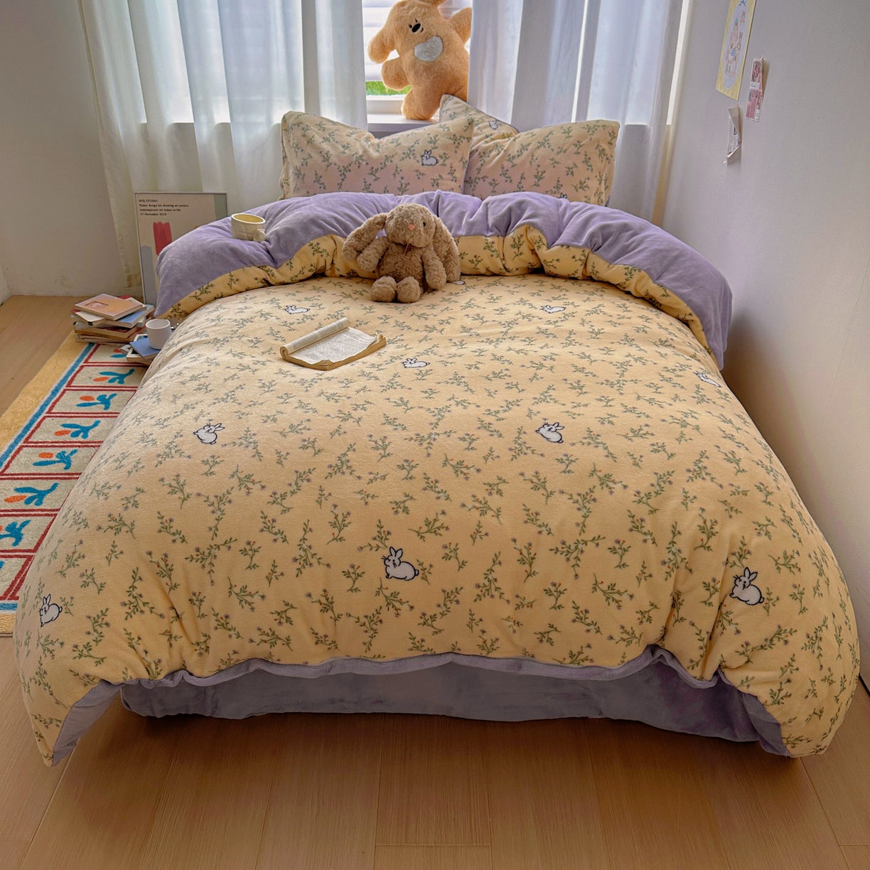 91家纺网 家纺一手货源 找家纺 小叮当家纺仓储工厂店 买家秀 爆款花型2025新款小清新180克跑量款牛奶绒单被套 被套单件 花枝小兔