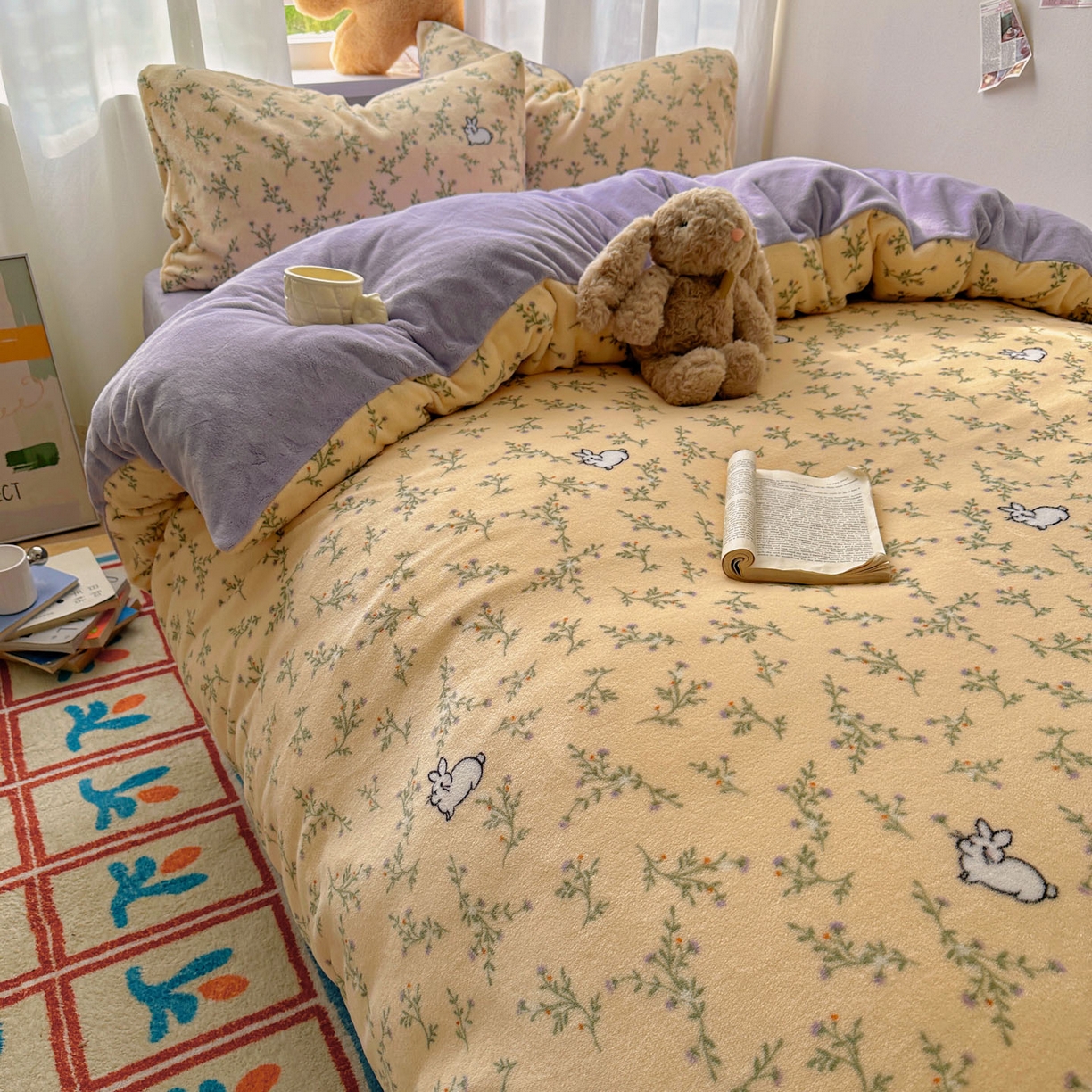 91家纺网 家纺一手货源 找家纺 小叮当家纺仓储工厂店 买家秀 爆款花型2025新款小清新180克跑量款牛奶绒单被套 被套单件 花枝小兔