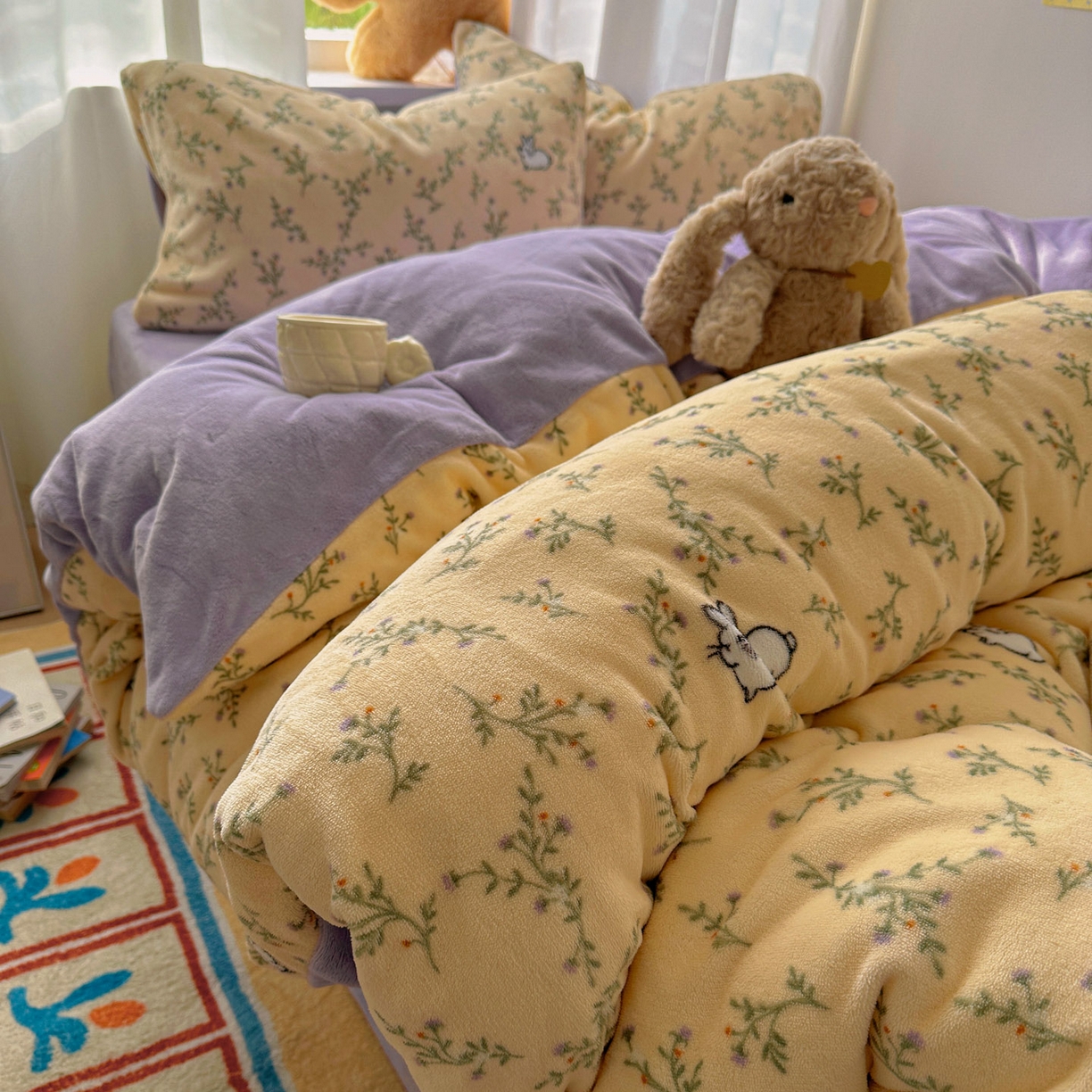 91家纺网 家纺一手货源 找家纺 小叮当家纺仓储工厂店 买家秀 爆款花型2025新款小清新180克跑量款牛奶绒单被套 被套单件 花枝小兔