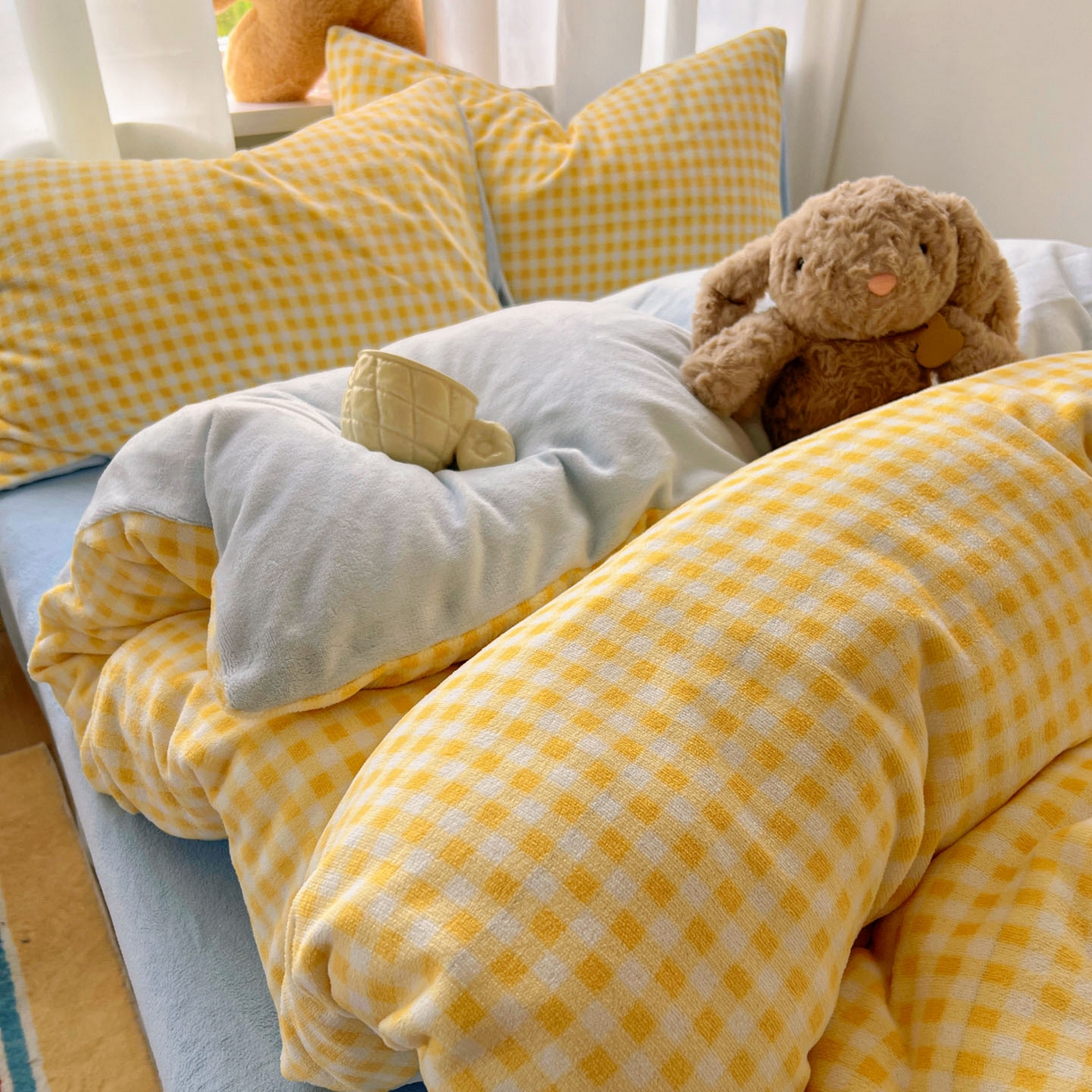 91家纺网 家纺一手货源 找家纺 小叮当家纺仓储工厂店 买家秀 爆款花型2025新款小清新180克跑量款牛奶绒单被套 被套单件 浅蓝黄格