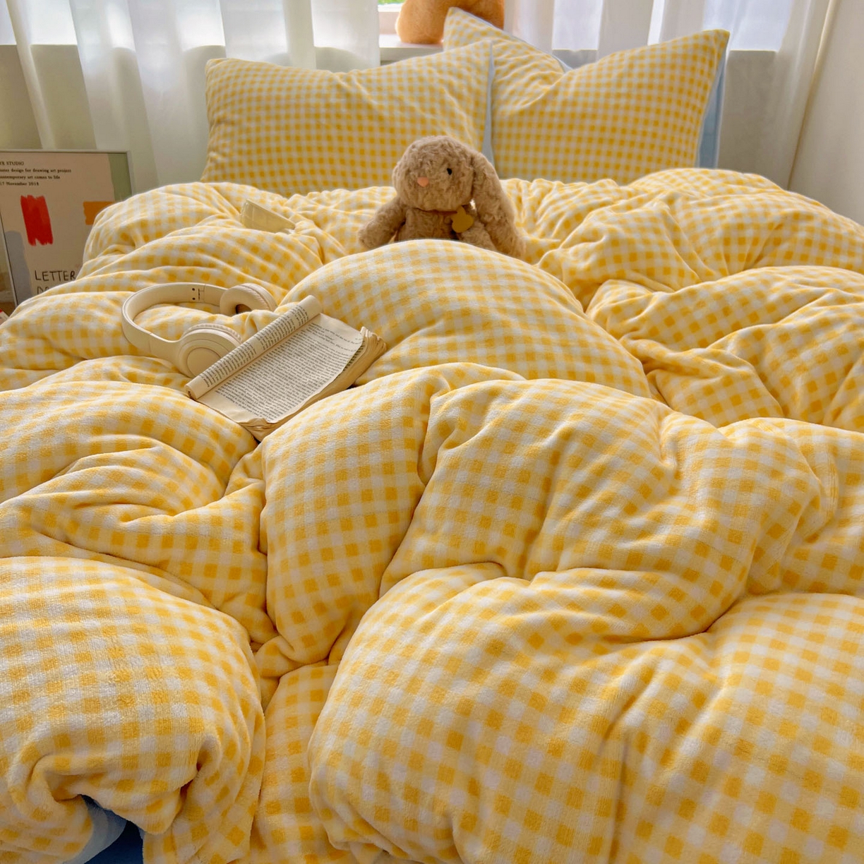 91家纺网 家纺一手货源 找家纺 小叮当家纺仓储工厂店 买家秀 爆款花型2025新款小清新180克跑量款牛奶绒单被套 被套单件 浅蓝黄格