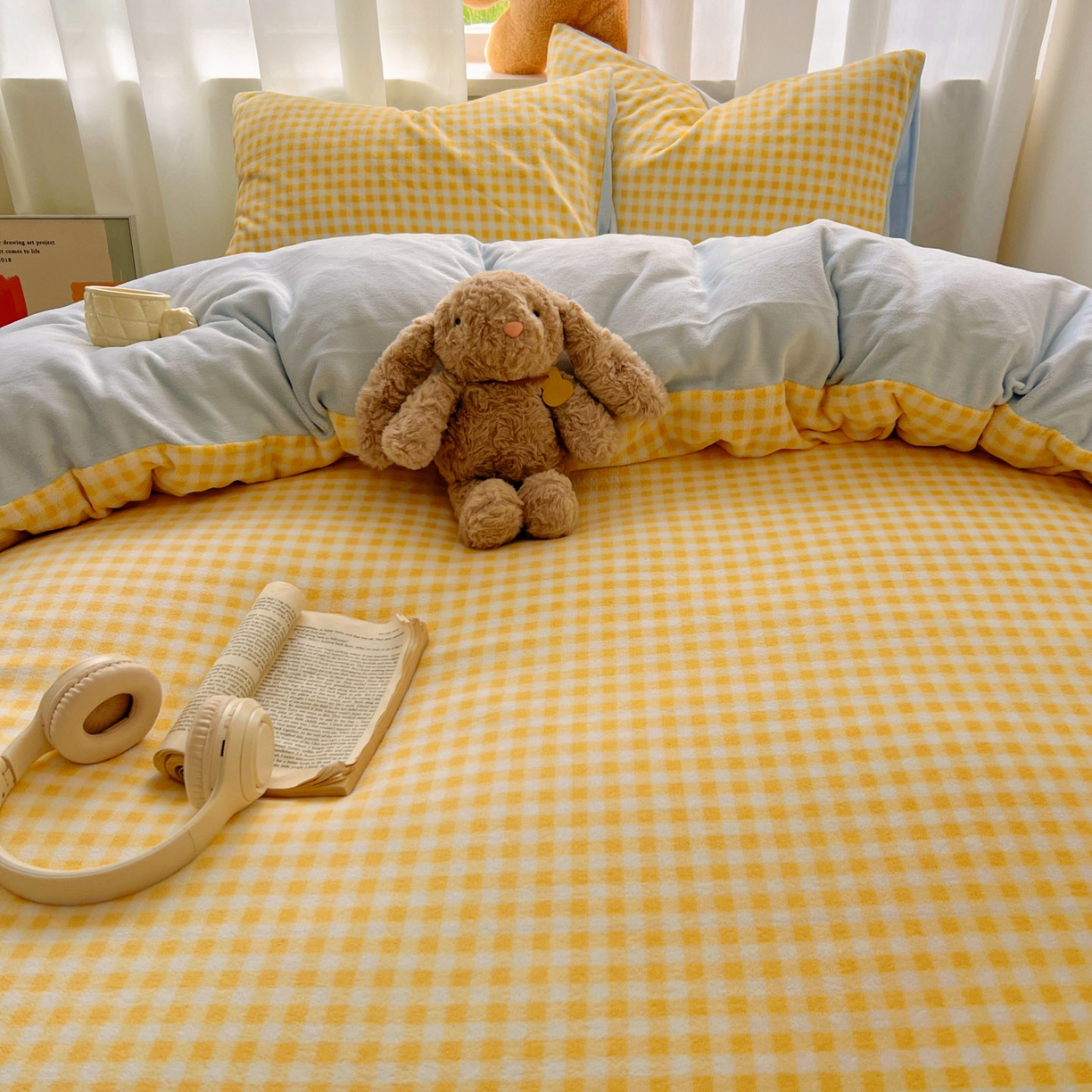 91家纺网 家纺一手货源 找家纺 小叮当家纺仓储工厂店 买家秀 爆款花型2025新款小清新180克跑量款牛奶绒单被套 被套单件 浅蓝黄格