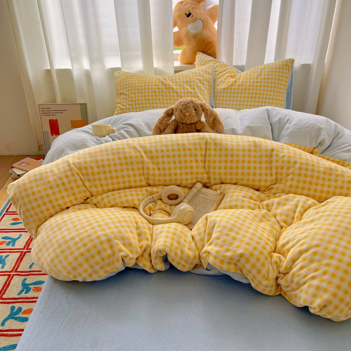 91家纺网 家纺一手货源 找家纺 小叮当家纺仓储工厂店 买家秀 爆款花型2025新款小清新180克跑量款牛奶绒单被套 被套单件 浅蓝黄格