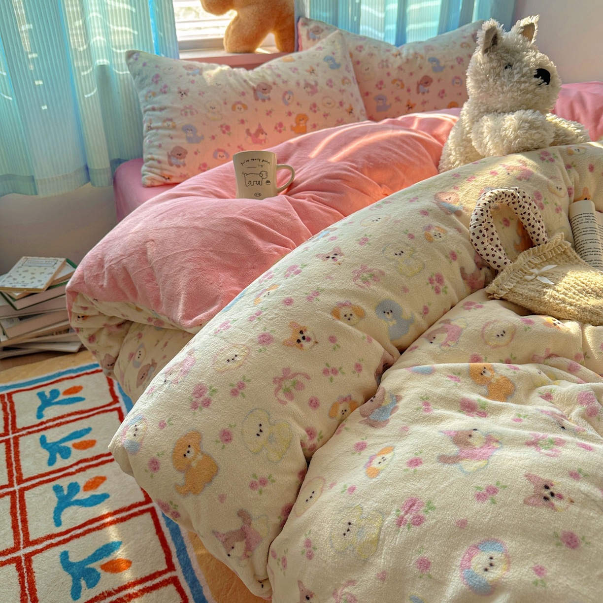 91家纺网 家纺一手货源 找家纺 小叮当家纺仓储工厂店 买家秀 爆款花型2025新款小清新180克跑量款牛奶绒单被套 被套单件 小狗乐园